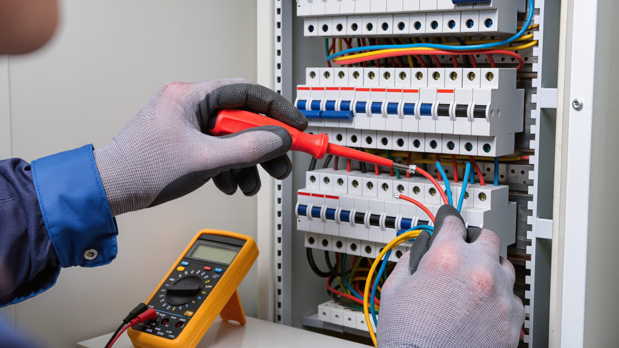 Gloved hands testing wiring inside a circuit breaker panel with a multimeter nearby